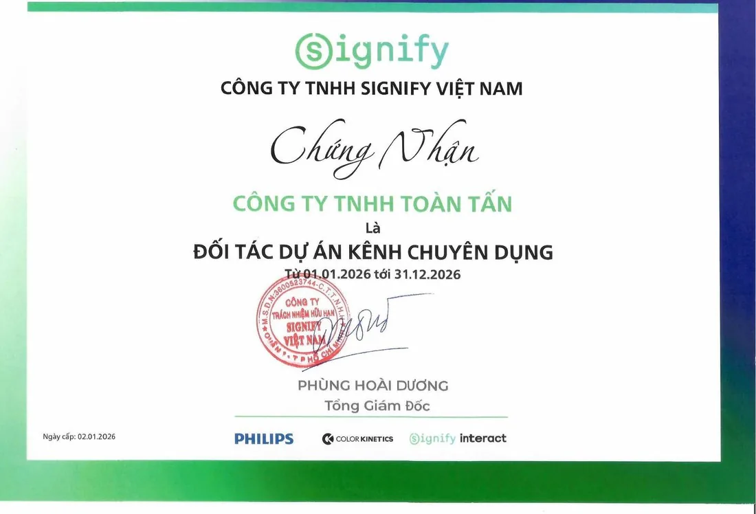 Signify Vietnam certificate naming Toàn Tấn an authorized specialized project-channel partner, valid 2026
