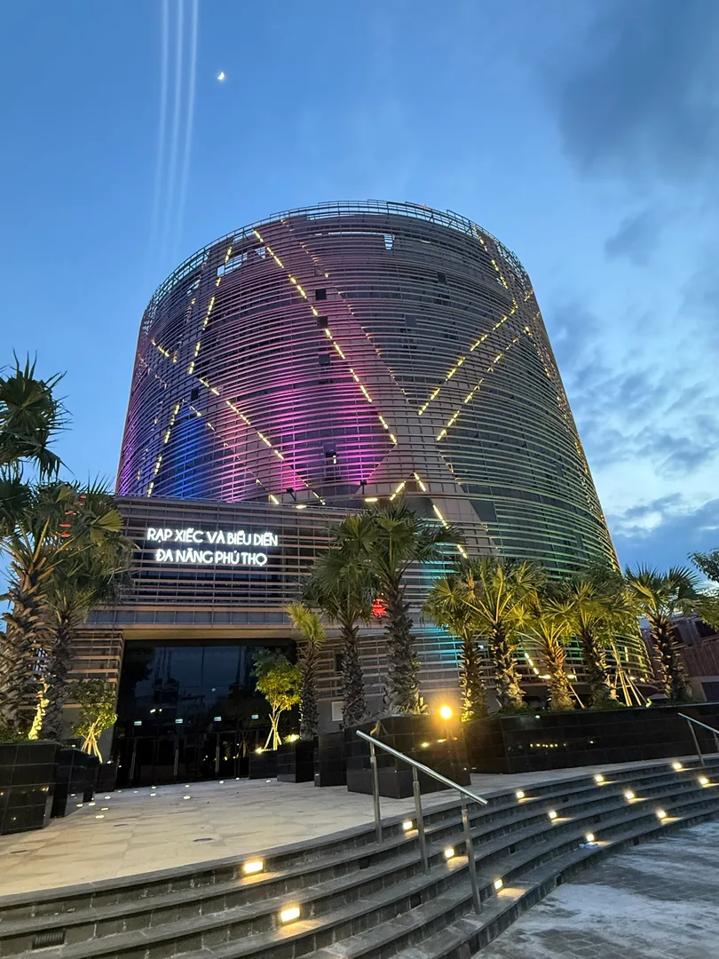 Phú Thọ Circus façade lit at dusk